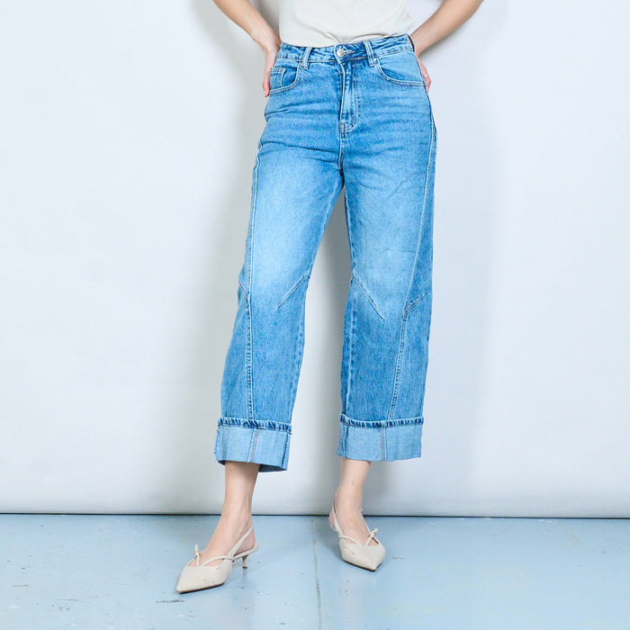 Folded hem straight-leg denim jeans with panel stitch detail wholesale