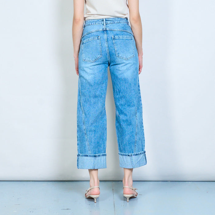 Folded hem straight-leg denim jeans with panel stitch detail wholesale