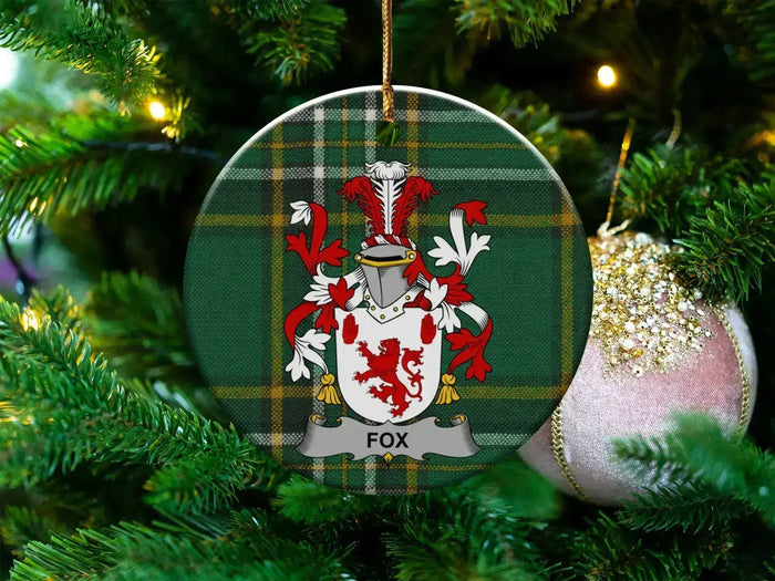 Fox Irish family crest ceramic Christmas ornament