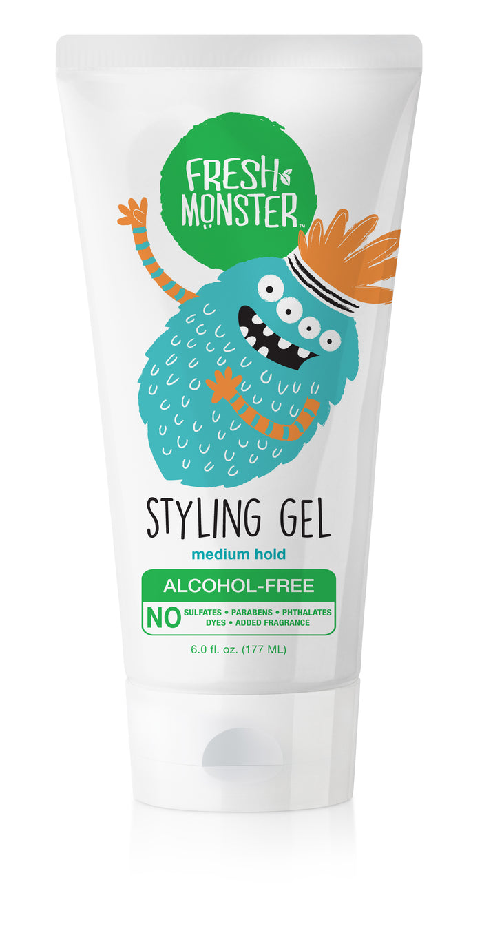 The 6 fl. oz. Fresh Monster Kids Hair Styling Gel showcases a blue monster with an orange crown and offers a flexible hold. Its hypoallergenic, alcohol-free, and free from sulfates, parabens, and phthalates—ideal for crafting creative hairstyles safely.