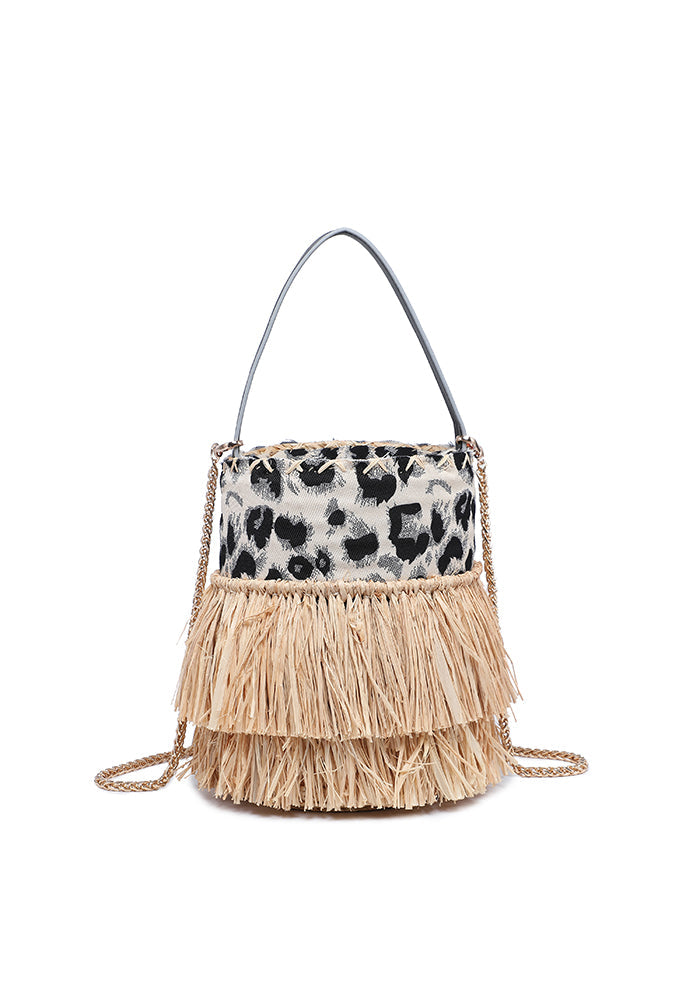 Fringed bucket bag with animal print and chain strap wholesale
