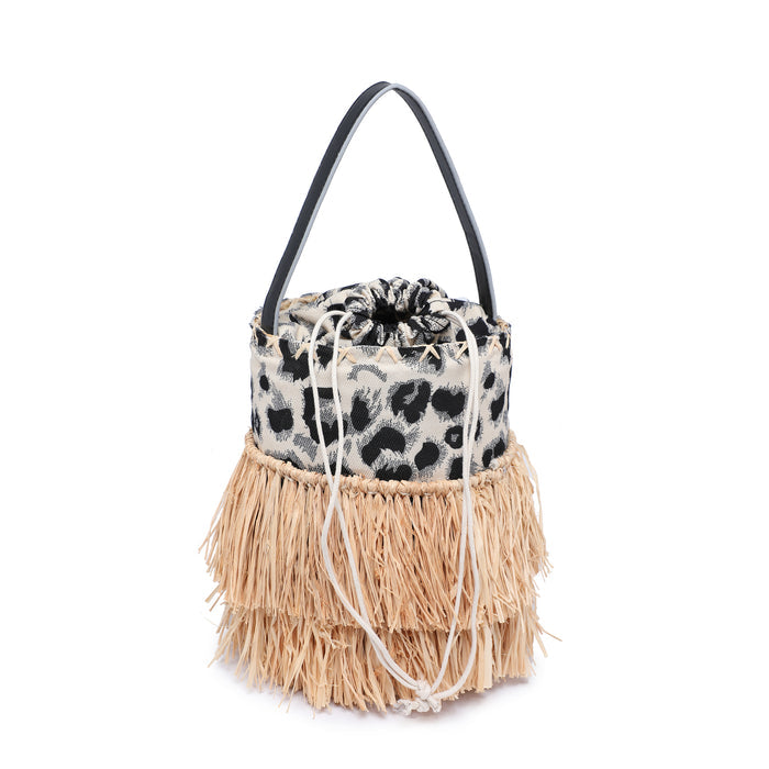 Fringed bucket bag with animal print and chain strap wholesale