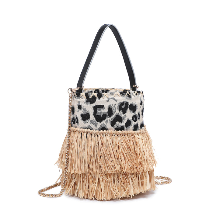 Fringed bucket bag with animal print and chain strap wholesale