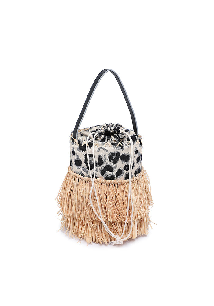 Fringed bucket bag with animal print and chain strap wholesale