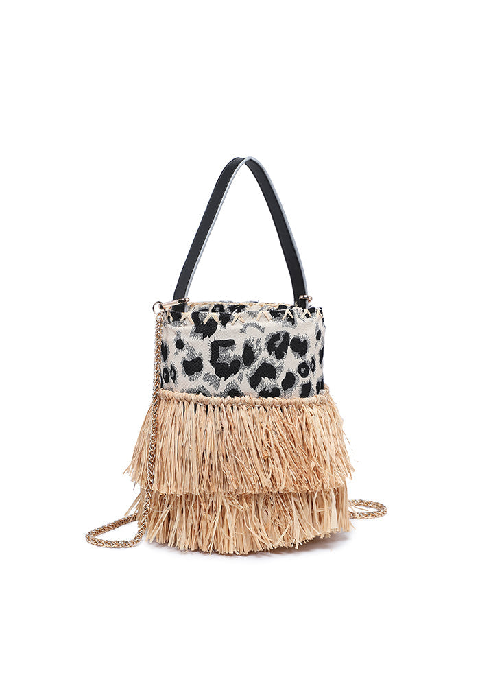 Fringed bucket bag with animal print and chain strap wholesale