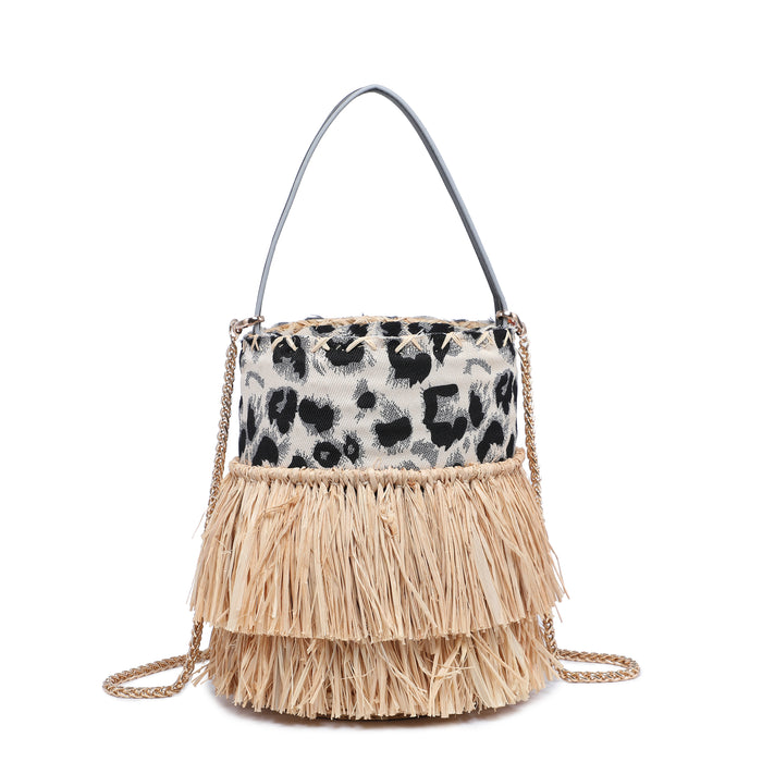 Fringed bucket bag with animal print and chain strap wholesale