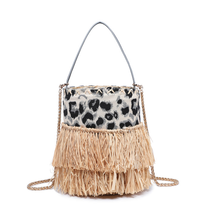 Fringed bucket bag with animal print and chain strap wholesale