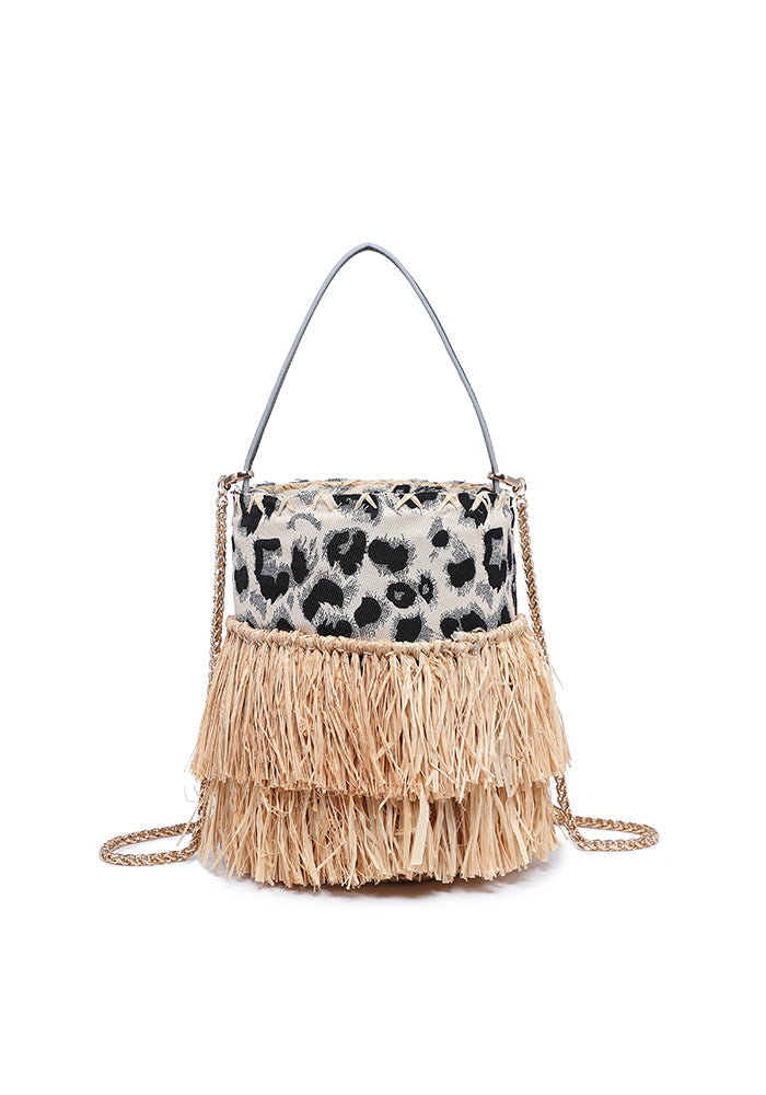 Fringed bucket bag with animal print and chain strap wholesale