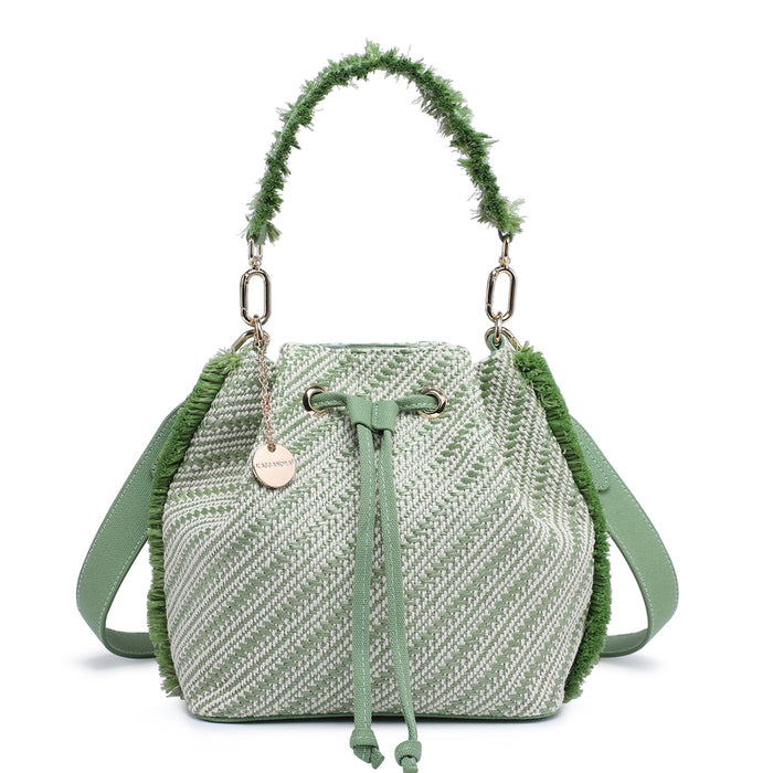 Fringed woven bucket bag with chevron texture and drawstring detail wholesale