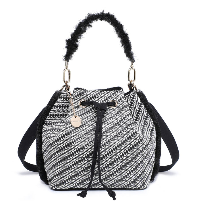 Fringed woven bucket bag with chevron texture and drawstring detail wholesale