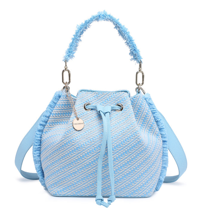 Fringed woven bucket bag with chevron texture and drawstring detail wholesale