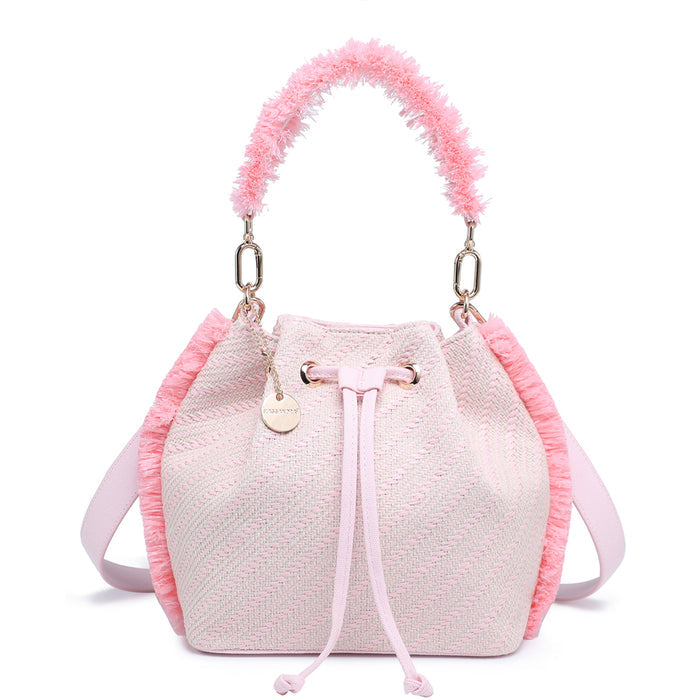 Fringed woven bucket bag with chevron texture and drawstring detail wholesale