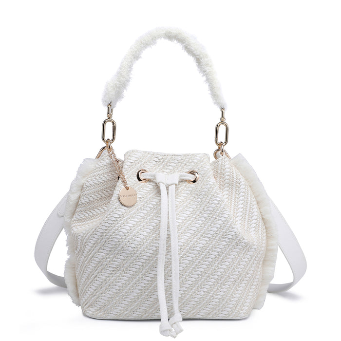 Fringed woven bucket bag with chevron texture and drawstring detail wholesale