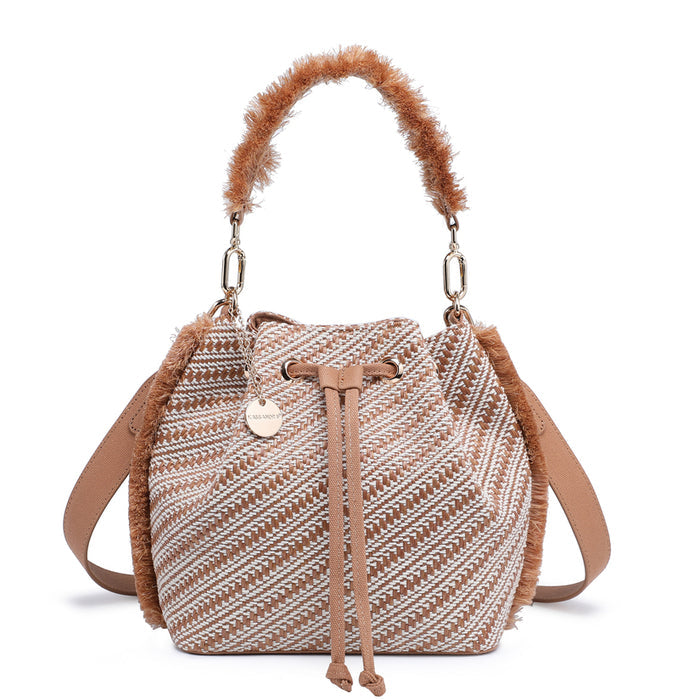 Fringed woven bucket bag with chevron texture and drawstring detail wholesale