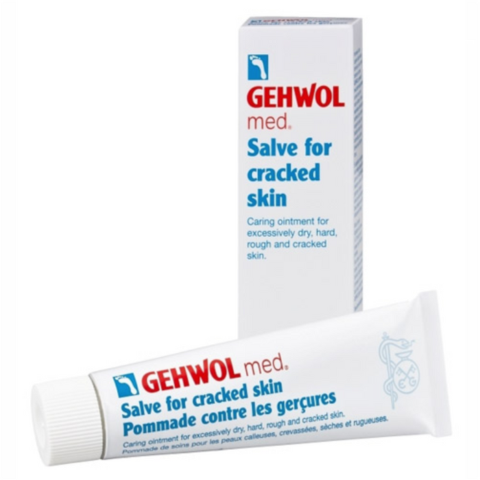 Gehwol med Salve for cracked skin 75ml shown with white and blue tube and matching box.