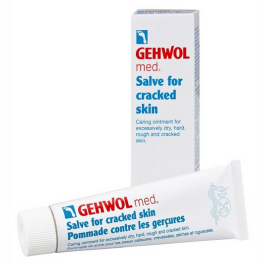 Gehwol med Salve for cracked skin 75ml shown with white and blue tube and matching box.