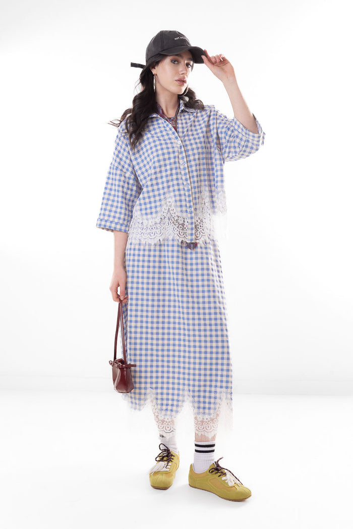 Gingham check lace trim button down blouse wholesale