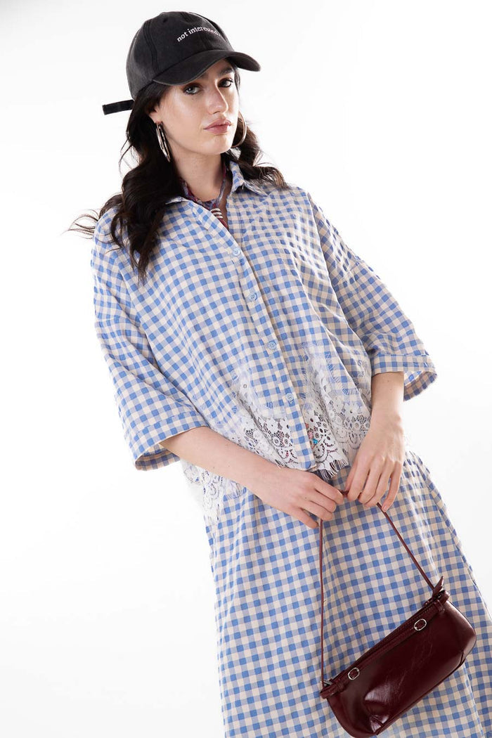 Gingham check lace trim button down blouse wholesale