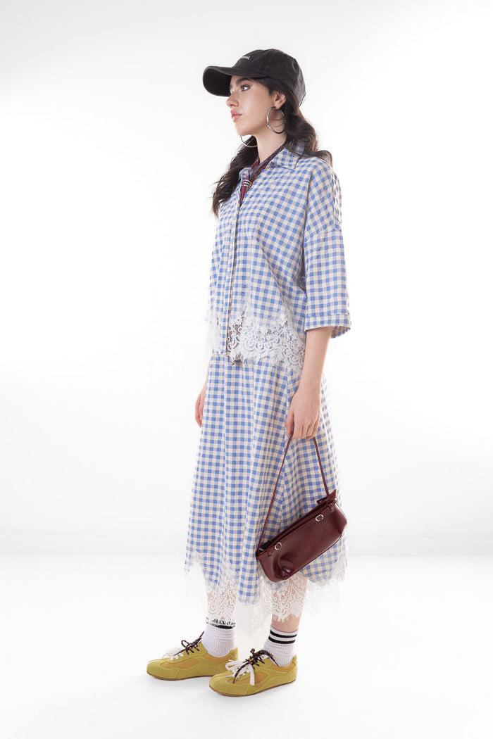 Gingham check lace trim button down blouse wholesale