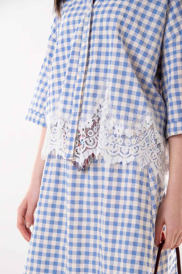 Gingham check lace trim button down blouse wholesale