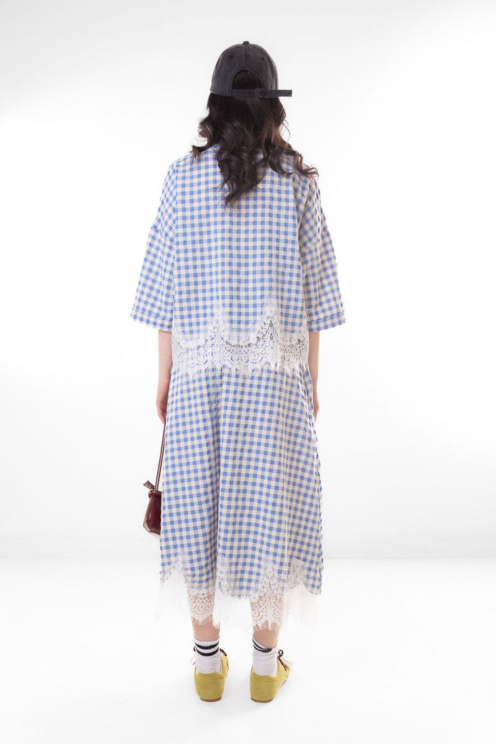 Gingham check lace trim button down blouse wholesale