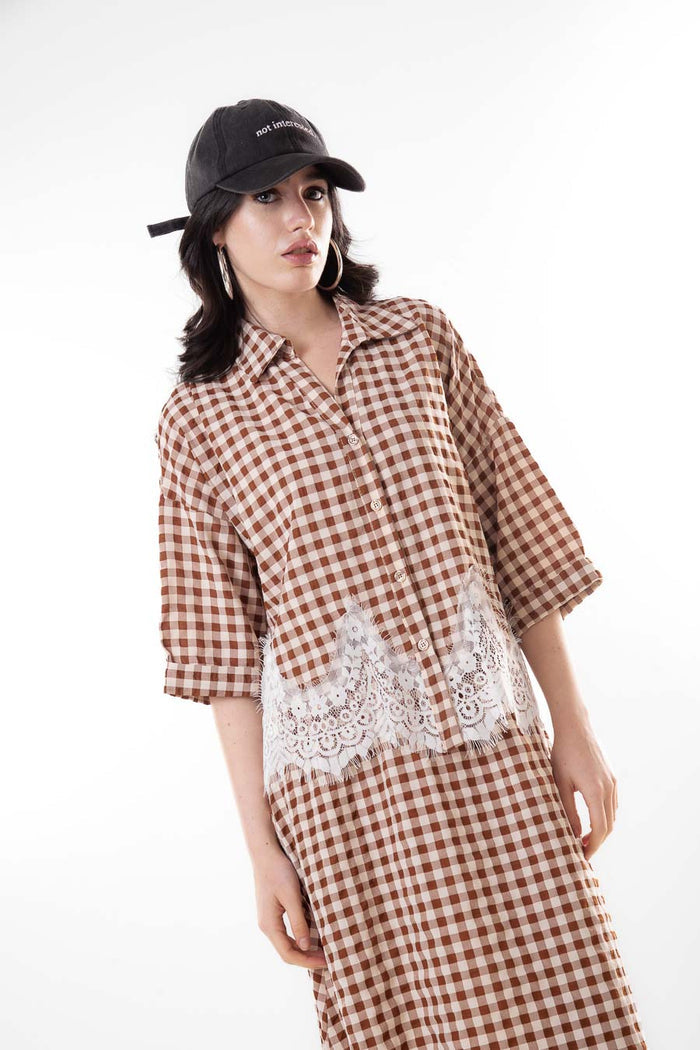 Gingham check lace trim button down blouse wholesale