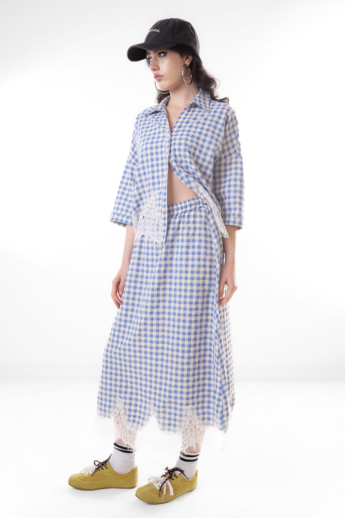 Gingham lace trim flowy midi skirt wholesale