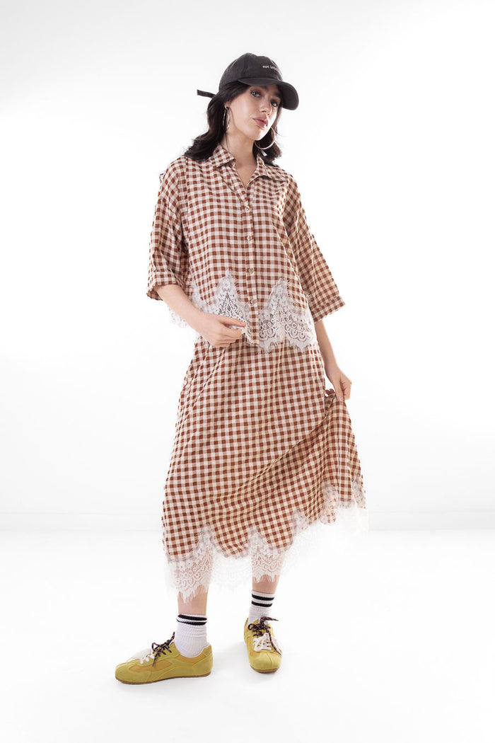 Gingham lace trim flowy midi skirt wholesale