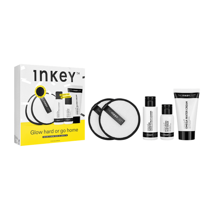 Inkey skincare product set with packaging on a white background