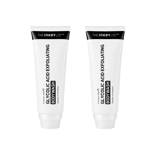 Two white squeeze tubes of THE INKEY LIST Glycolic Acid Exfoliating Body Wash side by side on a plain white background.