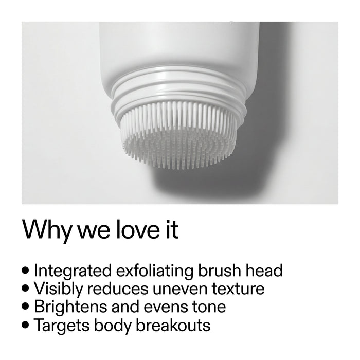 A close-up product photo of a white skincare bottle or applicator with a textured brush head, shown above a text section titled 'Why we love it' with bullet points about exfoliating benefits.