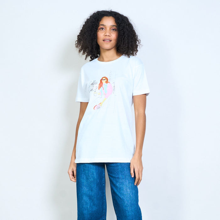 Graphic "Coffee Chat?" girl illustration short sleeve t-shirt wholesale