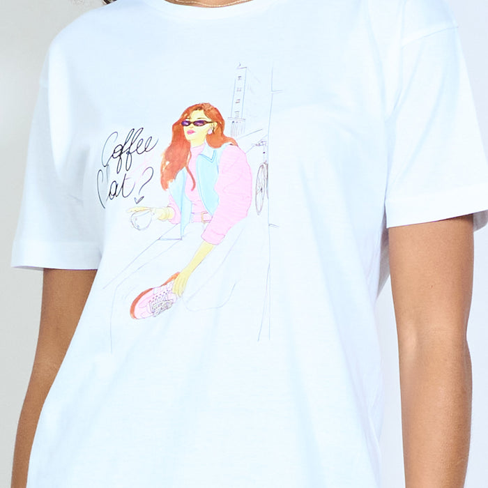 Graphic "Coffee Chat?" girl illustration short sleeve t-shirt wholesale