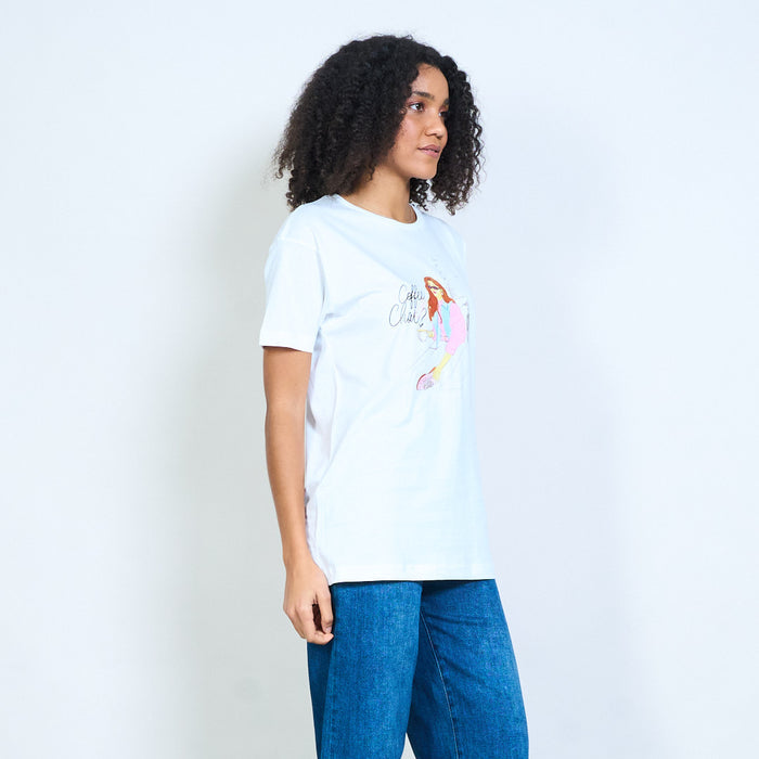 Graphic "Coffee Chat?" girl illustration short sleeve t-shirt wholesale
