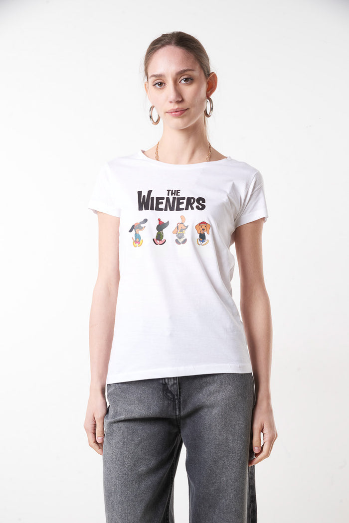 Graphic "The Wieners" cartoon dogs printed round neck fitted t-shirt wholesale