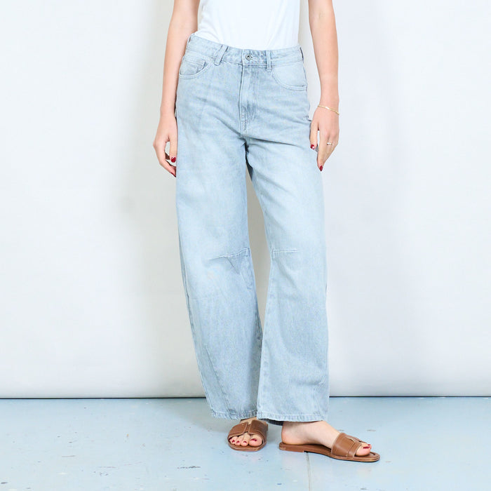 Grey wash denim jeans with curved panel seam detail wholesale