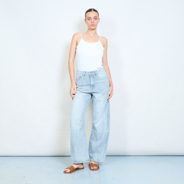 Grey wash denim jeans with curved panel seam detail wholesale