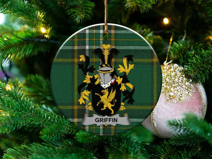 Griffin Irish family crest round ceramic ornament on tartan