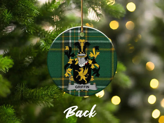 Griffin family crest Christmas ornament, front view