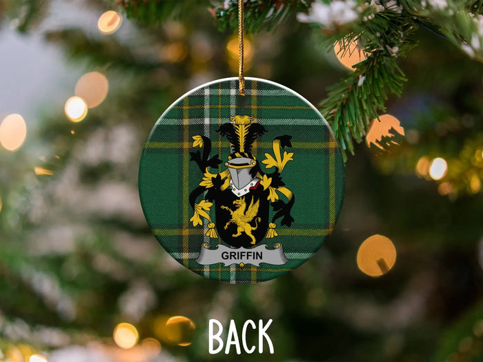 Griffin tartan ceramic ornament with gold hanging string
