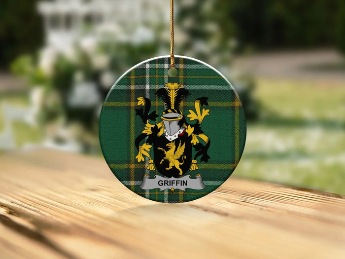 Griffin family crest ornament on Irish National Tartan pattern