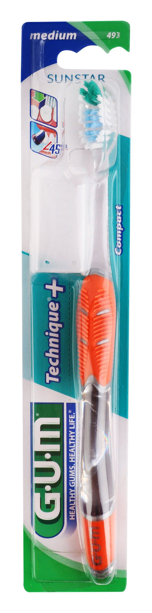 GUM Technique Plus Compact Orange & Clear Medium Toothbrush with Cap, 1 Piece