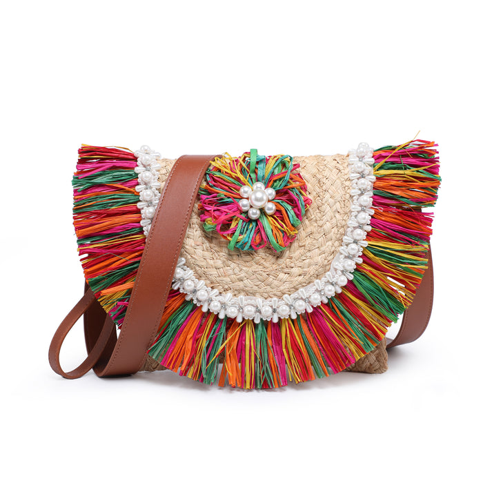Half-moon raffia bag with multicolor fringe and pearl trim wholesale