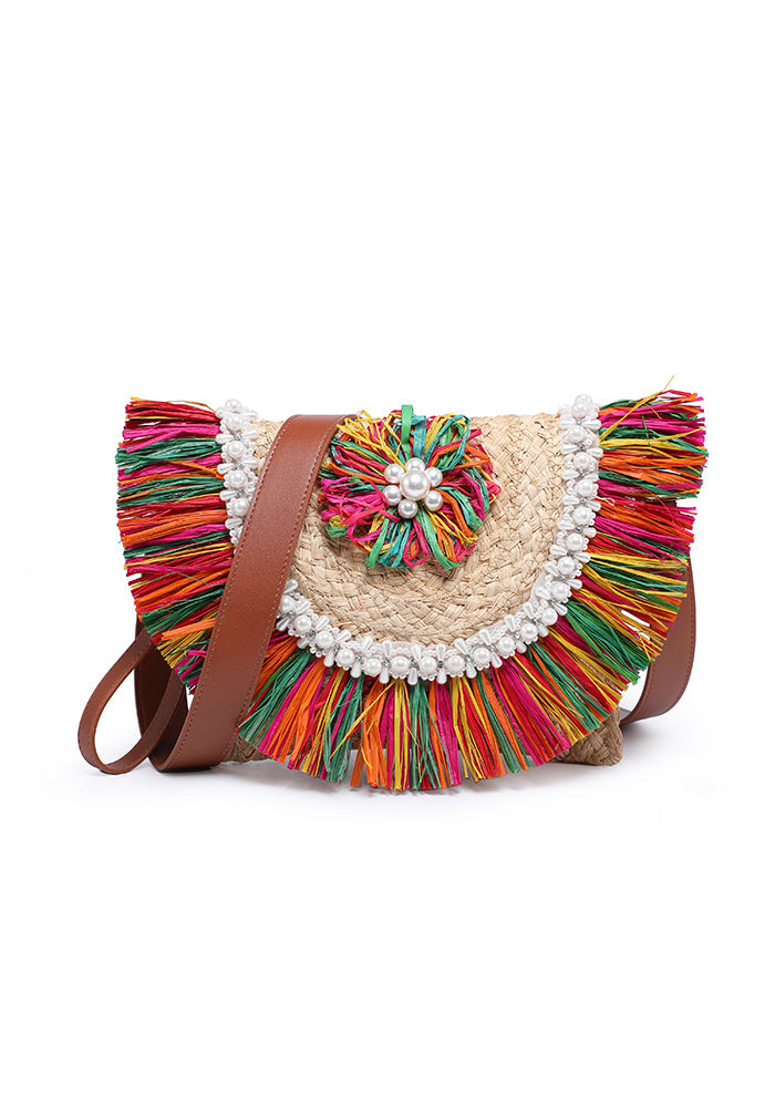 Half-moon raffia bag with multicolor fringe and pearl trim wholesale