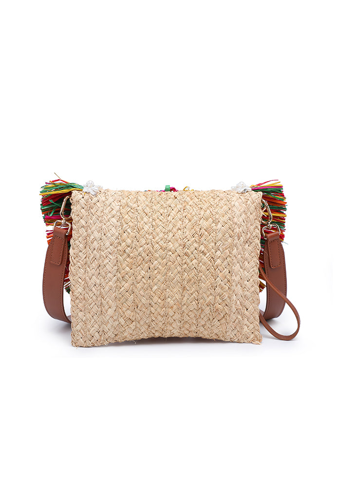 Half-moon raffia bag with multicolor fringe and pearl trim wholesale