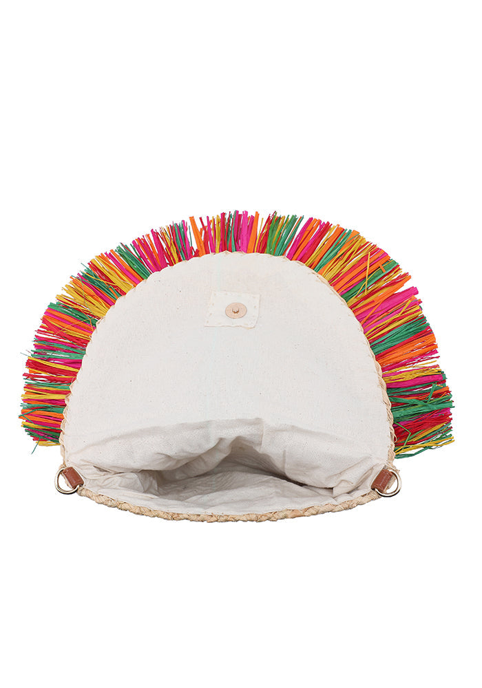 Half-moon raffia bag with multicolor fringe and pearl trim wholesale
