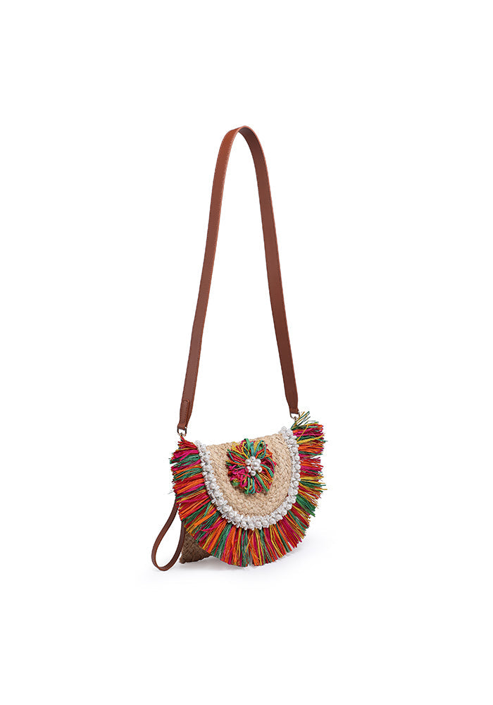 Half-moon raffia bag with multicolor fringe and pearl trim wholesale