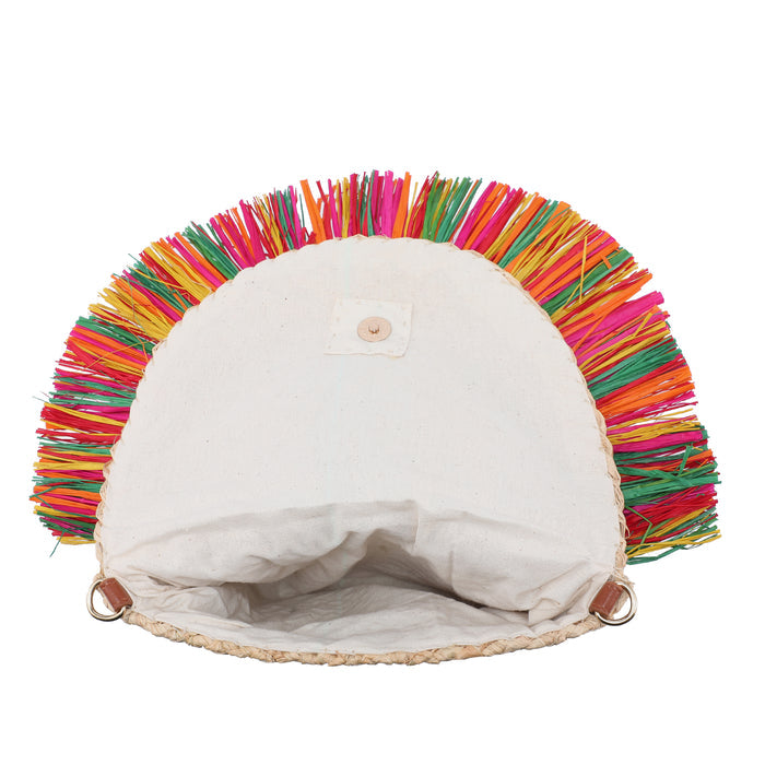 Half-moon raffia bag with multicolor fringe and pearl trim wholesale