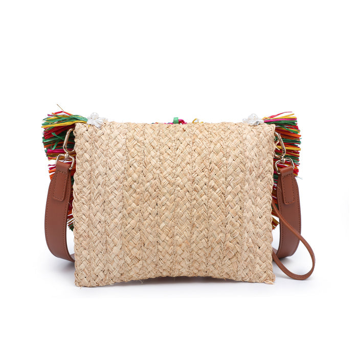 Half-moon raffia bag with multicolor fringe and pearl trim wholesale