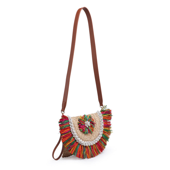 Half-moon raffia bag with multicolor fringe and pearl trim wholesale